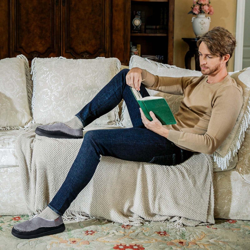 EverFoams Men's Moccasin Slippers Memory Foam Indoor/Outdoor Warm Suede House Shoes with Fuzzy Sherpa Lining (Gray, Size 9 M US) - Image 2